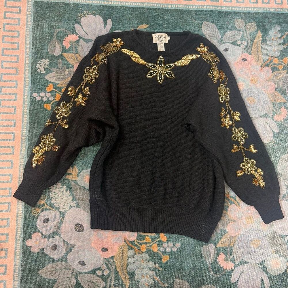 Vintage Cervelle Sweater Womens XL Black Gold Beaded Floral Silk Angora Blend